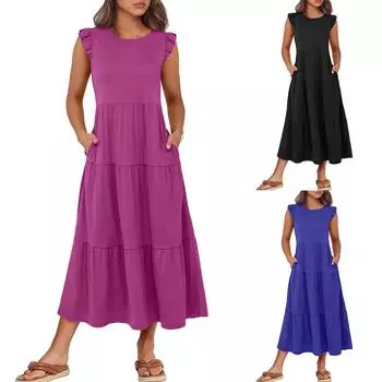 Women Dresses Summer Casual Sleeveless Sundress A-Line Beach Long Dress M синий