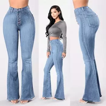 Women Elastic Plus Loose Denim Pocket Button Casual Boot Cut Pant Jeans XXXXL