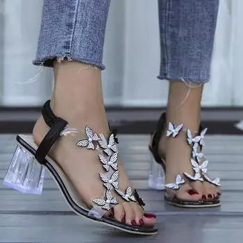 Women Elastic Rhinestones Sandals Elegant Designer Female Sale Pvc Fashion Comfortable Medium Block High Heels Party Shoe Summer 35