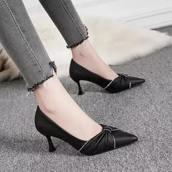 Women Elegant 7cm High Heels Pumps Lady Party Black Beige Stiletto Rhinestone Bow Knot Pumps Wedding Bridal Luxury Party Shoes 34 чёрный