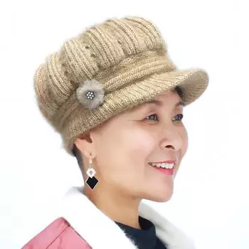 Женская элегантная вязаная шапка среднего возраста из плюша и шерсти, шапки для пожилых людей, зимние утепленные шапки