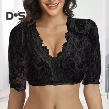 Женская элегантная прозрачная вышитая кружевная рубашка с V-образным вырезом и коротким рукавом, облегающая однотонная короткая рубашка с укороченным низом XL чёрный