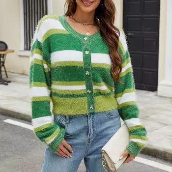 Women Elegant Striped Knitted Cardigan Fashion Sweet Casual Colorblocked Crew Neck Sweater S зелёный