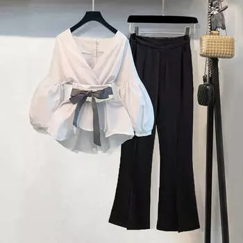 Women Elegant V-Neck Stripe Lantern Sleeve Bow Belt Trend Slim Chiffon Shirt Top and Pants Office Lady Casual Suit XXXL белый