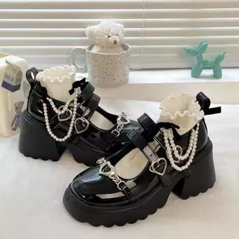 Women Fashion Black Mary Jane Shoes Ladies Autumn Fashion Double Buckle Strap Pumps Woman Patent Leather Thick Heels Party Shoes 35 чёрный