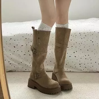 Women Fashion Buckle Strap Knight Boots Autumn Winter Platform Women Vintage Knee High Boots Women Designer 2024 Fashion Boots 35