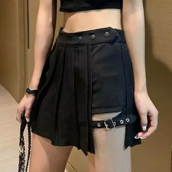 Женская модная повседневная однотонная короткая юбка с высокой талией и уздечкой на молнии L чёрный