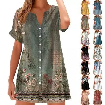 Women Fashion Casual V-neck Short Sleeve Button Retro Floral Print Dress M