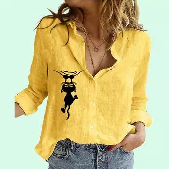 Women Fashion Cat Print Blouses Spring&summer Cotton Linen Top Ladies Casual Long Sleeve Shirt S белый