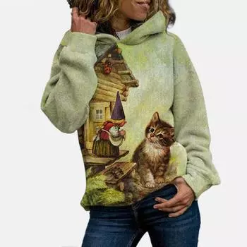 Women Fashion Cat Print Long Sleeves Hoodie Tops Blouse Sweater L