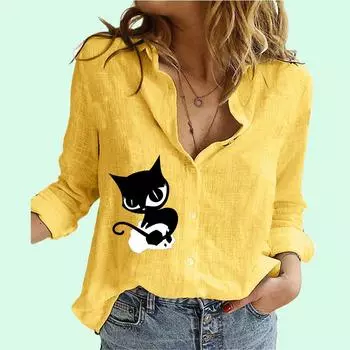 Women Fashion Cat Print Shirt Spring&summer Cotton Linen Top Ladies Casual Long Sleeved Blouses S белый