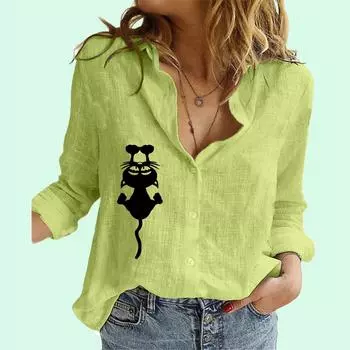 Women Fashion Cat Print Shirt Spring&summer Cotton Linen Top Ladies Casual Long Sleeve Blouses S белый