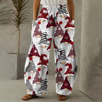 Women Fashion Christmas Snowmen Print Casual Loose Pants Plus Size Loose Pants L