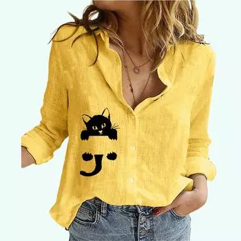 Women Fashion Cotton Linen Shirt Spring Summer Casual Thin Top Cat Print Blouses S белый