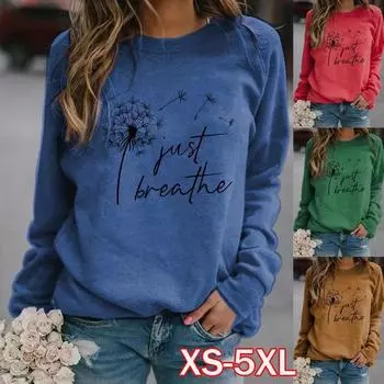 Women Fashion Dandelion Printed Long Sleeve Shirt Spring and Autumn Casual Round Collar Blouses Pullover Loose Tops 5XL красный