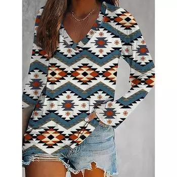 Женская мода геометрический принт футболки повседневные V-образный вырез длинные рукава рубашки топы женские базовые рубашки S