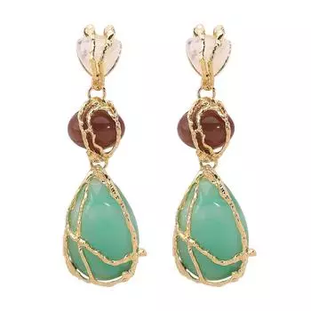 Women Fashion Handmade Weave Metal String Bag Green Natural Stone Dangle Earrings White Resin Waterdrop Earring Gothic Jewelry