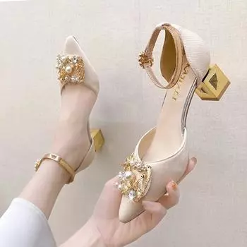 Women Fashion High Quality Beige Wedding Shoes 2024 Bling Crystal High Heels Shoes Female Elegant Pearl Thick Heels Pumps 34 бежевый