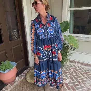 Women Fashion Lapel Button Pleated Long Dress 2025 Casual Long Sleeve Loose Party Dress Elegant Pattern Print Holiday Maxi Dress S синий