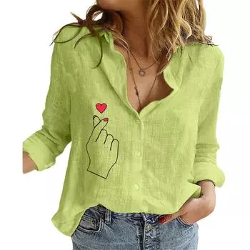 Women Fashion Lapel Neck Shirt Spring&Autumn Cotton Linen Top Casual Print Long Sleeve Blouses S белый