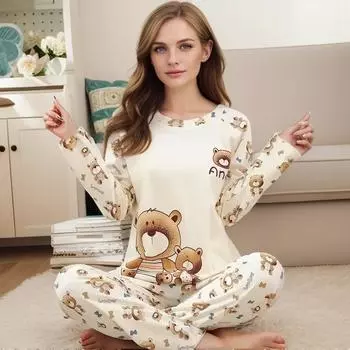 Women Fashion Long Sleeve Pants Pajamas Spring Summer Cartoon Bear Soft Breathable Casual Pajamas 2 Pieces Set Large Size Cute M розовый