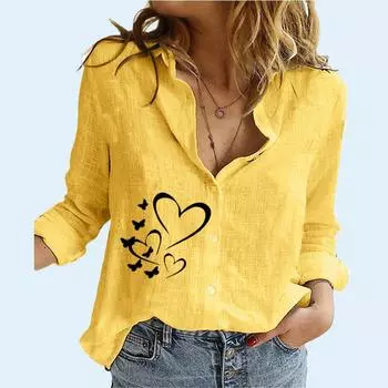 Women Fashion Long Sleeve Shirt Summer&fall Loose Cotton Linen Shirt Female Casual Print Blouses S белый