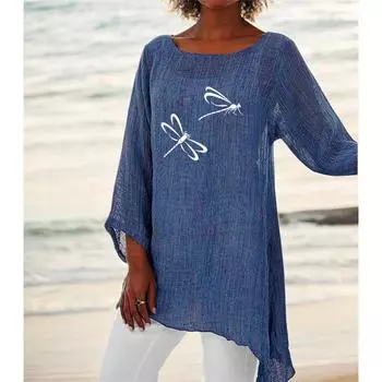 Женская мода свободный топ с рукавом 3/4 с принтом большого размера с круглым вырезом блузка тонкая хлопковая льняная рубашка S белый