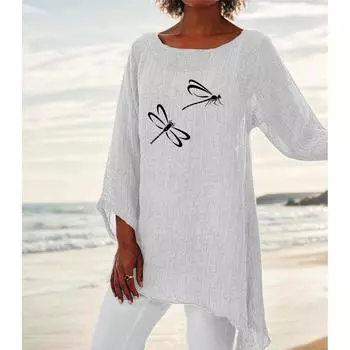 Women Fashion Loose 3/4 Sleeve Top Print Plus Size Round Collar Blouse Thin Cotton Linen Shirt S белый