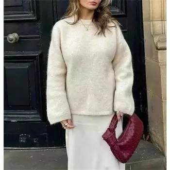 Женская мода свободный вязаный свитер с круглым вырезом и длинными рукавами осень-зима свитера элегантные теплые повседневные пуловеры леди Хай-стрит M чёрный