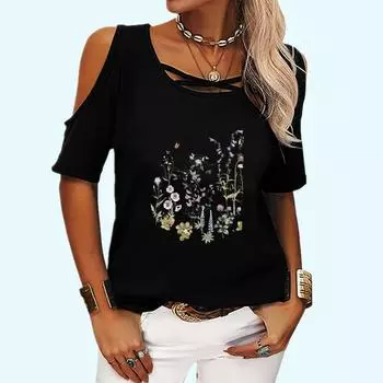 Женская модная футболка с открытыми плечами, повседневная летняя футболка с круглым воротником и цветочным принтом, короткий рукав S розовый