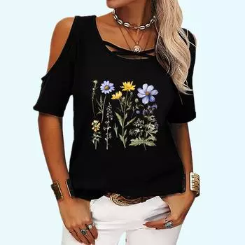 Women Fashion Off Shoulder Tee Shirt Casual Round Collar Summer Top Floral Print Short Sleeve T-shirt S розовый