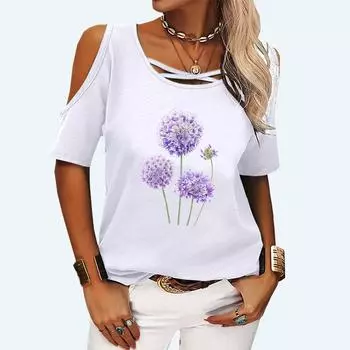 Женская модная футболка с открытыми плечами, летняя и осенняя футболка с круглым воротником и короткими рукавами, женская модная футболка с цветочным принтом S розовый