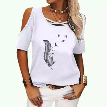 Женский модный топ с открытыми плечами, летняя и осенняя футболка с круглым вырезом и короткими рукавами, женская повседневная футболка с принтом перьев S розовый