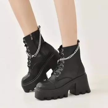 Women Fashion Platform Boots 2024 Spring Autumn Zipper Chain Ankle Boots Chunky High Heels Black Short Motorcycle women shoes 35 чёрный