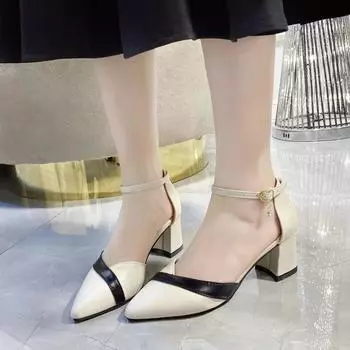 Women Fashion Pointed Toe Black High Quality Office Square Heel Shoes Lady Casual Multi Color Comfort Street & Party Heels 34 чёрный