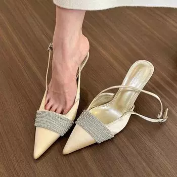 Women Fashion Pointy Toe Pumps Narrow Band Crystal Stiletto Thin Heel Pumps Slip On Shallow Dress Shoes High Heel Wedding Shoes 35 бежевый