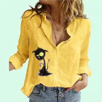 Women Fashion Print Shirt Spring&summer Cotton Linen Top Ladies Casual Long Sleeve Blouse S белый