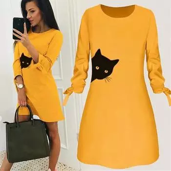 Women Fashion Printed Cat Bow Long Sleeve Blouse Dress XL