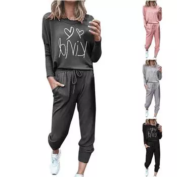 Женская мода с длинными рукавами и принтом, свободные длинные брюки, 2 комплекта L чёрный