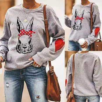 Women Fashion Rabbits Print Hoodie Long Sleeves Sweater Loose Tops Blouse M