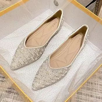 Women Fashion Rhinestone Flats Shoes Women Pointed Slip on Loafers Ladies Comfortable Soft Sole Shallow Single Shoe Plus Size 43 34 абрикосовый
