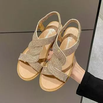 Women Fashion Sandals 2024 New Round Toe High Heels Slippers Beach Soft Sole Shoes Trend Diamond Decoration Slip-on Ladies Shoes 35