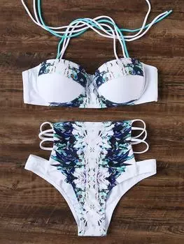 Women Fashion Sex White Flower Print Ladder Bikini Cutout High Set Waist M