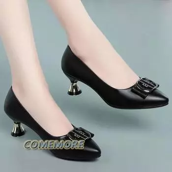 Women Fashion Spring Summer High Heel Shoes Lady Casual Black Soft Leather Classic Anti Slip Elegant Work Mid Heel Ladies Shoes 35