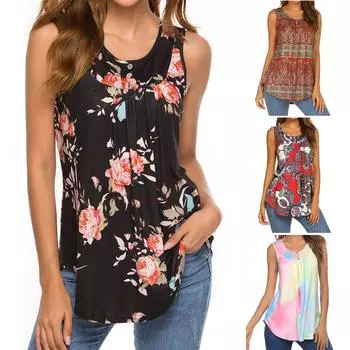 Женская мода, лето 2022, повседневная футболка без рукавов с круглым вырезом и принтом, топы, блузка XXL чёрный