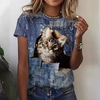 Women Fashion Summer Casual 3D Printe T-shirt Cat Short Sleeve Printed Top T-shirt S