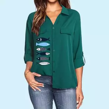 Women Fashion Turn-down Neck Blouse Spring&Summer Thin Long Sleeve Top Ladies Fish Print Shirt with Pocket S белый