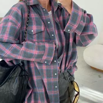 Женская мода винтажная клетчатая рубашка осень-зима с длинным рукавом свободные лацканы блузка повседневные карманы средней длины топы S желто-зеленый