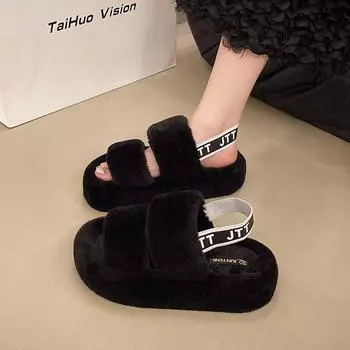 Women Fashion Warm Fluffy Slippers Cozy Faux Fur Cross Indoor Floor Slides Flat Soft Furry Ladies Female Celebrities Flip Flops 35 темные хаки