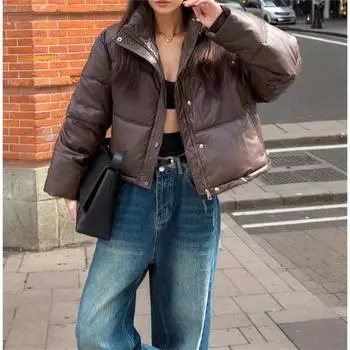 Женская мода зимние кожаные пальто с воротником-стойкой и длинным рукавом короткие стеганые куртки женские парки шикарный теплый наряд M коричневый